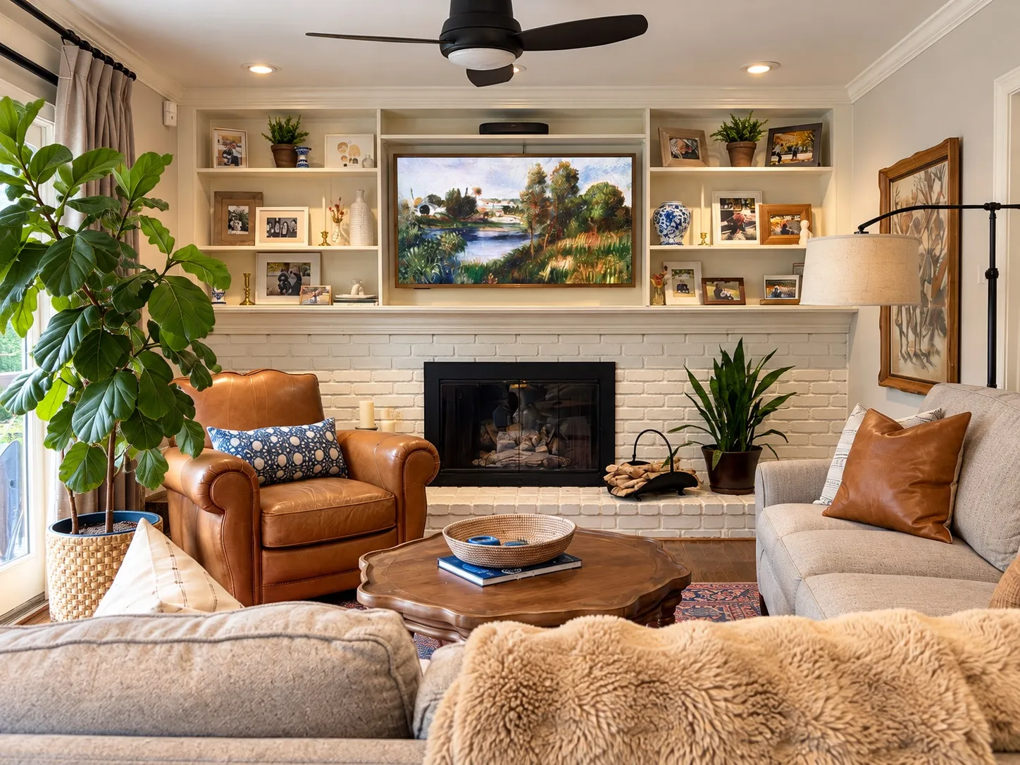 The family room, with added molding and built-in shelving holding books and family photographs