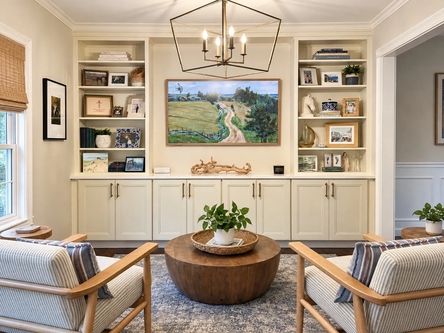 A sitting area off the kitchen, framed by built-in cabinetry