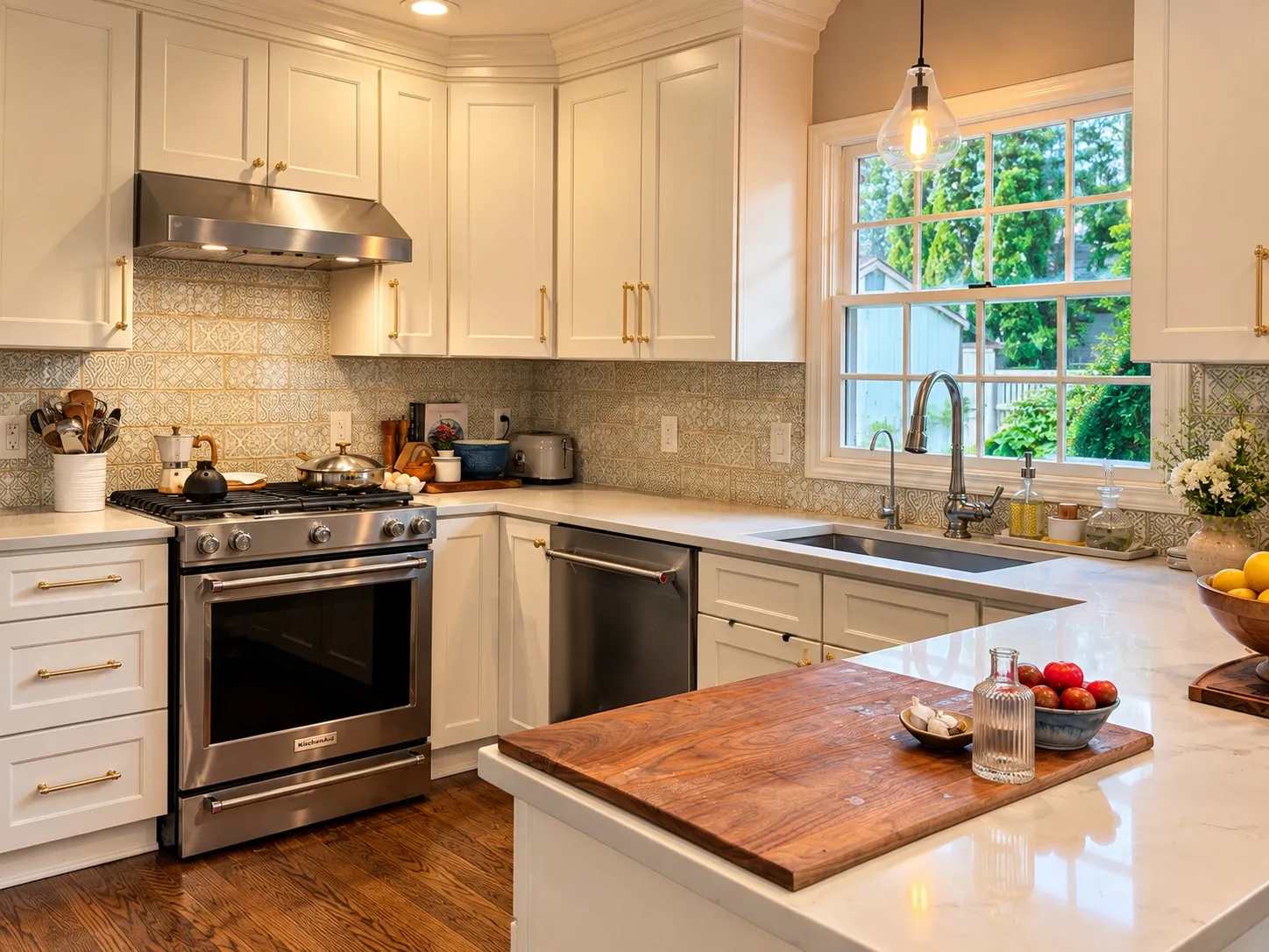 The rebuilt kitchen, with open shelving and natural stone countertops