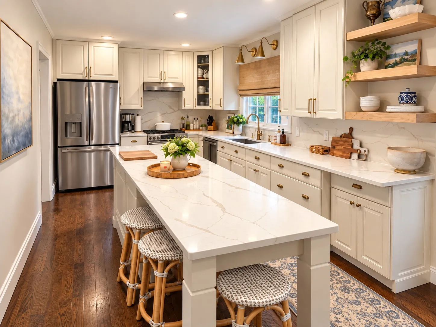 The refreshed kitchen, with painted cabinets, open shelving and an extended island