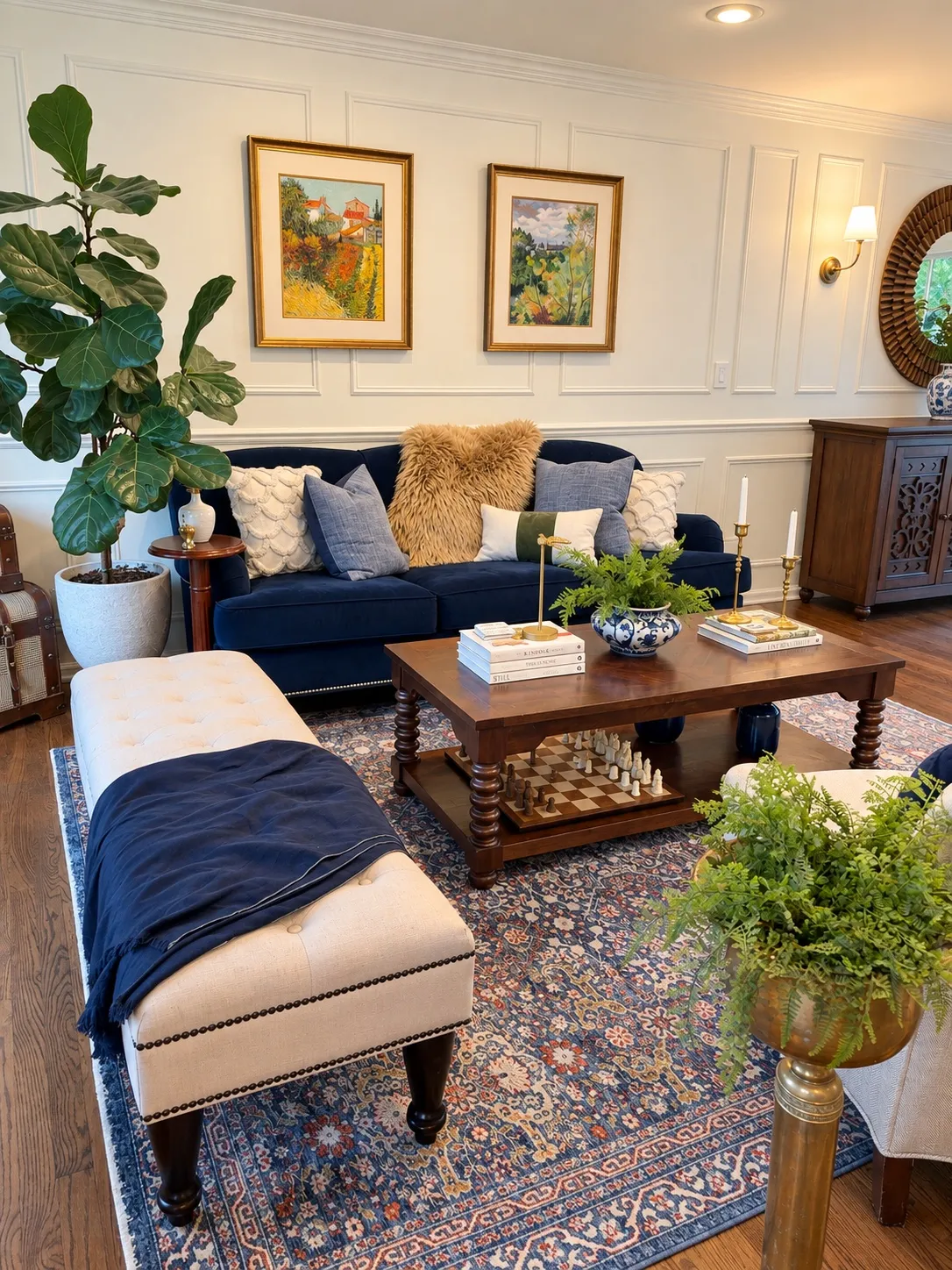 The living room, layered with collected furniture, art and family photographs