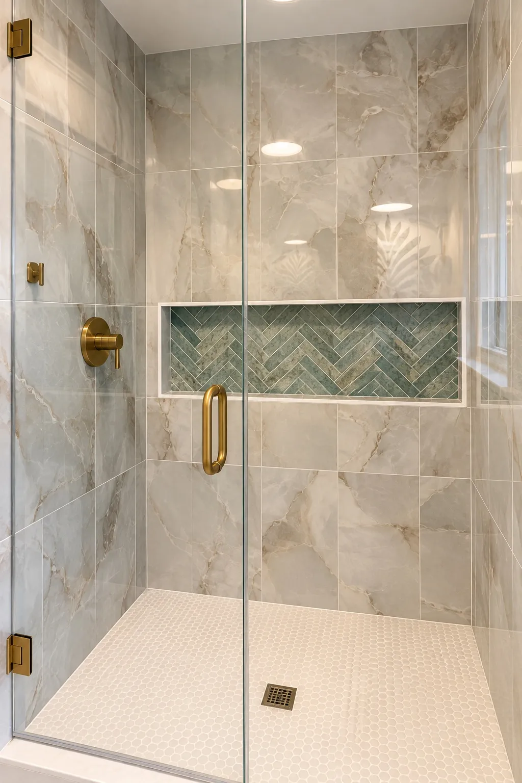 The main floor bath after a complete gut, showing the tiled shower